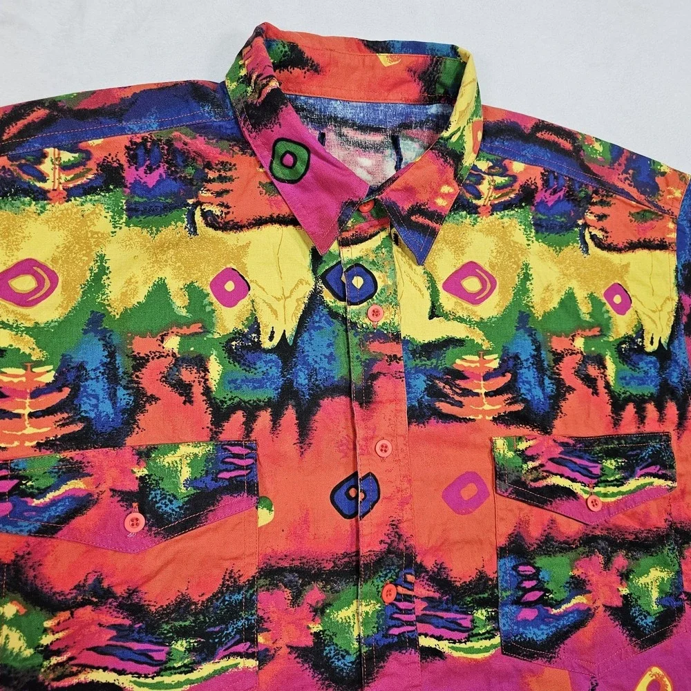 Vtg Wrangler Shirt Mens XL Brushpopper Bright Loud Bull Skull Tie Dye Groovy - Picture 3 of 13